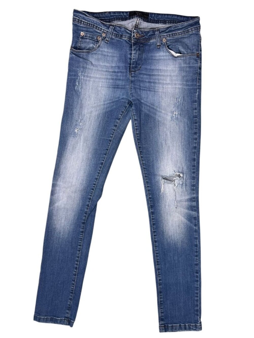 Hakei Distressed Skinny Jeans Ripped Knee Blue Denim Size 40 US 8 30โ Mid Rise